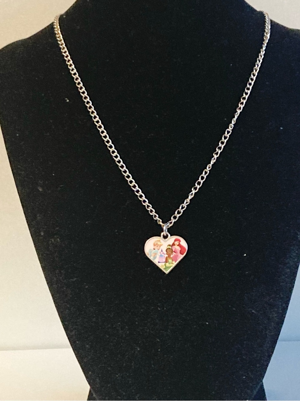 Disney Heart Pendant Necklace with Multicolor Princess and Silver tone Chain
